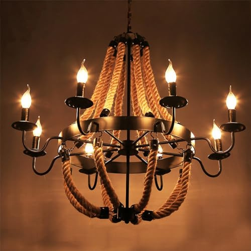 Lámparas de araña de cuerda de cáñamo industrial retro lámparas de estilo creativo retro restaurante e14 iluminación de lámparas de araña de hierro forjado Sala de estar ático dormitorio cafetería ( T
