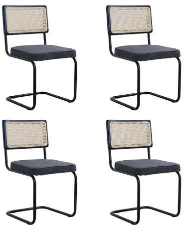 GrandCA HOME Modernes 4er-Set Esszimmerstühlen mit Rückenlehne aus Natürlichem Rohrgeflecht und Gestell aus Metallstahl, Gepolsterte Rattan-Küchenstühle,Schwarz