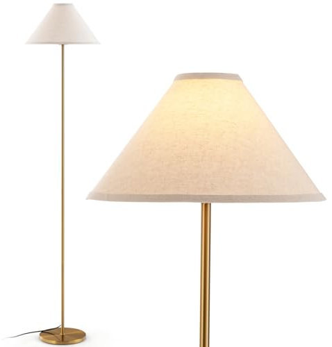 COSTWAY Lampadaire sur Pied en Métal, Lampadaire avec Abat-jour en Lin et Interrupteur au Pied, Lampe Élancée à Perche Dorée de 162 CM, Lampe de Sol Moderne pour Salon, Chambre et Bureau