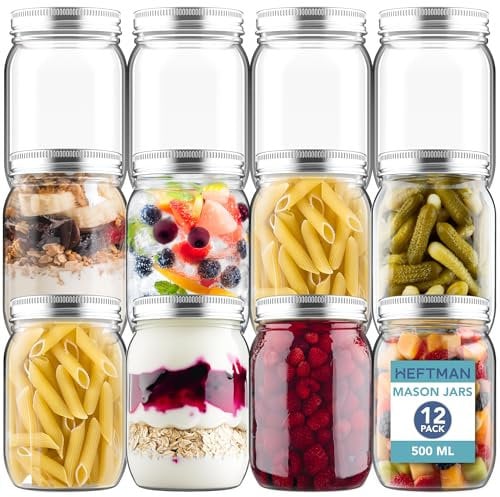 HEFTMAN Glass Mason Jars with Lids - Set of 12 500ml Air Tight Jars for Overnight Oats, Homemade Jam - Sturdy Glass Jar with Lid for Honey, Pickling, Preserving, Baby Food Storage (500ml)