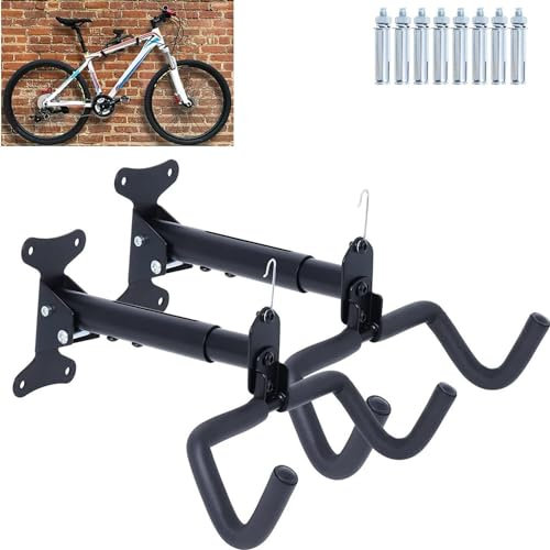Bike Wall Mount, Adjustable Distance and Foldable Bicycle Hanger Rack Wall Indoor Garage Wall Holder Hook Compatible MTB, Road Bike, E-Bike, for Bike Storage Wall and Space Saving (2pcs)