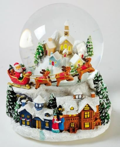 Musicboxworld MMM GmbH, 64036 Spieluhr - Winterdorf in Einer 120 mm Schneekugel auf Einer Basis wo Santa mit seinem Rentierschlitten über EIN winterliches Dorf fliegt
