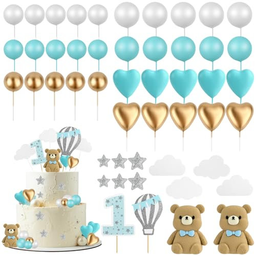 49 Stück Teddybär Babyparty Kuchen Dekoration Set, Teddybär Geburtstagstorte Deko, Jungen 1.Geburtstag Cake Topper, Baby Dusche Tortendeko Geburtstag für Baby Shower und Geburtstag Party (Blau)