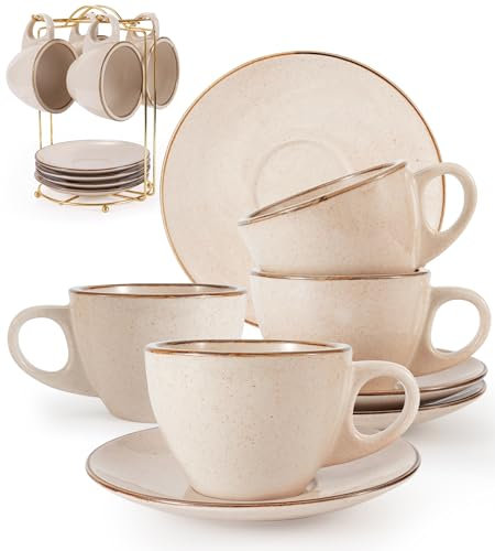 Futelang 8 Oz Cappuccino Cups Set of 4-Thick-Walled, Insulated, Storable Ceramic Coffee Cup and Saucer with Stand,Perfect for Tea, Cappuccino, Latte - Porcelain Mugs for Kitchen or Cafe - White