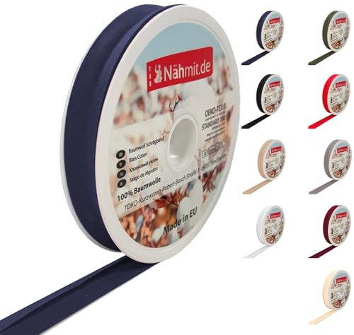 Nähmit 25m Rolle Baumwoll Schrägband, 100% Baumwolle 20mm Breit - 40/20 vorgebügeltes Schrägband (A16-Dunkelblau, 25m Rolle)