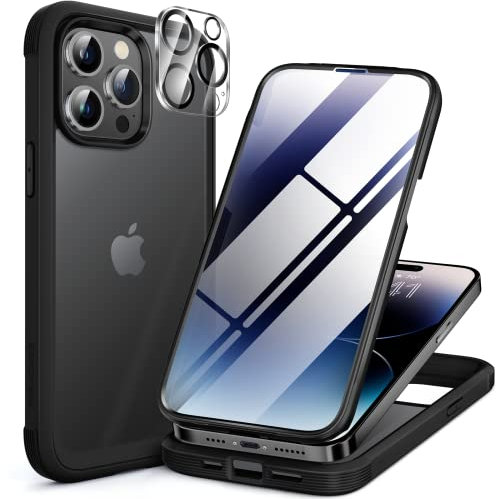 Miracase Glass Series for iPhone 14 Pro Case 6.1 Inch Phone Holder Armband, [Built-in 9H Tempered Glass Screen Protector + Camera Lens Protector] Full Body Bumper Clear Back Cover (Matte Black)