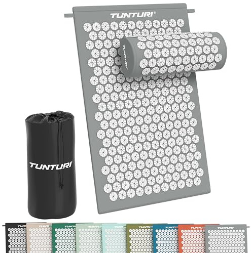 Tunturi Akupressurmatte mit Kissen - Akupunktur Matte - Stachelmatte für Rücken, Nacken, Fuße, Ganzkörper - 2in1 Nagelmatte Akupressurmatte - Anti Stress - 68x42x2cm - Grau