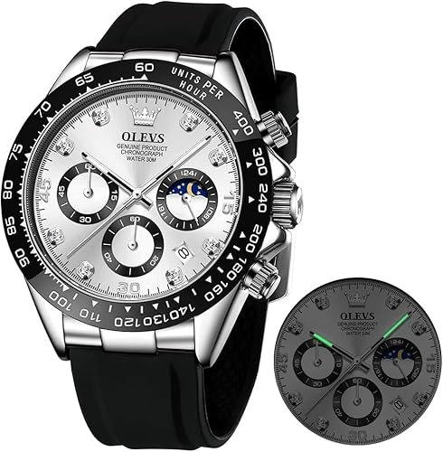 OLEVS Herrenuhr Business Luxus Diamond Moon Phase Männliche Uhr Chronograph Weiß Zifferblatt Mode Kleid wasserdichte Datum Analoge wasserdichte Männer Armbanduhr