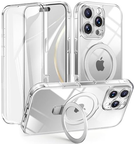 Unichthy Magnetic Stand Case for iPhone 16 Pro Cover Support Magsafe |Built-in Screen Protector| 360 Full Body Cover Shockproof Hard Matte Finish Clear Back Phone Case for iPhone 16 Pro Transparent