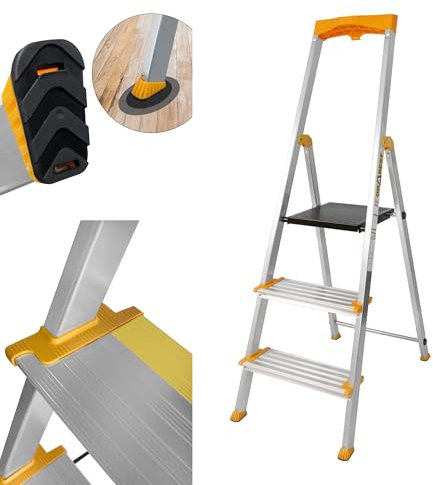DRABEST Aluminium 3-Step Ladder - Telescopic Ladder with Work Platform - Extra Wide Steps with a Non-Slip Surface - Load Capacity 150 kg - 0.43 x 1.3 x 0.13 m