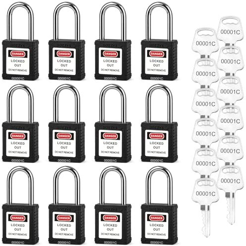 BOZZYS Lockout Tagout Locks,12 Pack Black Loto Locks,Lock Out Locks Keyed Alike,12 Same Keys per Safety Lockout Padlock Set,for Lock Out Tag Out Kits Electrical(BD-GT05KA-12PCS)