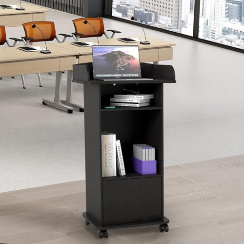 Nisorpa Lectern Podium Stand Portable Podium Stand, Mobile Wood Church Pulpits Podium Reception Stand with Adjustable Shelf and Lockable Wheels for Churches Conference School, Black