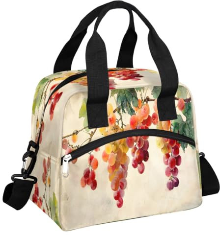 Bolsa de almuerzo aislada con hojas de uva vintage para mujeres y hombres, lonchera reutilizable con correa ajustable para el hombro