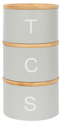 Harbour Housewares Stackable Tea Coffee Sugar Canisters with Bamboo Lids - Grey - Stacking 3pc Tea Coffee and Sugar Canisters Set Airtight Kitchen Organiser Food Storage Jars