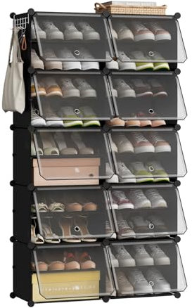 eSituro Schuhboxen, 20er Set, Schuhorganizer Schuhkarton stapelbar, Schuhregal Kunststoff, mit Haken, Tür, Schuhaufbewahrung platzsparend, Schwarz