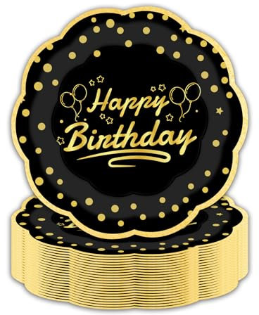 LDFDRT Lot de 50 assiettes en carton de 18 cm assiette jetable anniversaire - Assiettes de fête en papier - Décoration pour mariage, jardin, fête (Anniversaire or noir)
