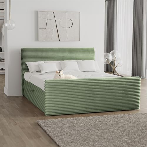 Kaiser Möbel - Bett 200x200 cm, Boxspringbett mit Bettkasten und Topper, Cord Schlafzimmerbett, Doppelbett mit Stauraum und Gepolstertes Kopfteil, Toppermatratze aus Viscoschaum - Trento - Olive
