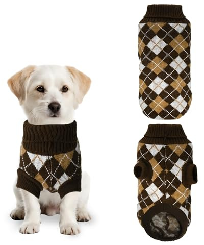 PawSailor Hundepullover Kleine Hunde mit Rollkragen Gestrickt, Braun M | Warmer Strickpullover Karomuster Komfort Welpenpullover Kuschelweich Winter-Outfit für Chihuahua, Yorkshire Terrier, Malteser