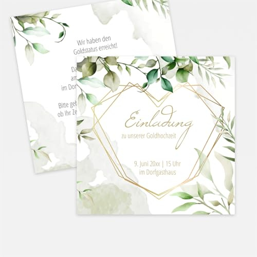 Personalisierte Einladungskarten Goldene Hochzeit – Einladung Goldhochzeit - 50. Hochzeitstag – Hochzeit – mit eigenem Text, 10-100 Stück, 13x13 cm, 350g Papier, optional Umschläge, Greenery Goldherz