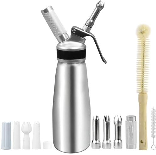Professional Whipped Cream Dispenser, 500 ml / 1 Pint Aluminum Whipped Cream Maker Canister with 6 Decorating Nozzles, 2 Charger Holder, 1 Protective Cover, 2 Brush