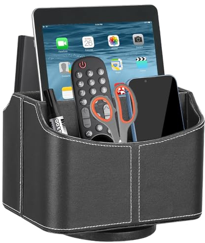 Revolving Remote Control Holder, PU Leather 360° Remote Holder with 5 Compartments for TV Controller Ideal Gifts Multifunctional Desktop Storage Organizer for Home Office Bedroom Living Room