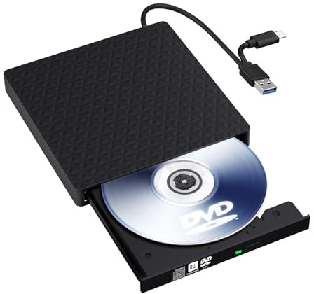 FJXMZQ Lecteur CD DVD Externe pour PC,Graveur Enregistreur USB 3.0 et Type-C CD/DVD +/-RW, Portable Mince Graveur DVD Externe Player pour Windows PC Laptop Desktops 11/10/8/7/XP/Vista/Linux/Mac OS