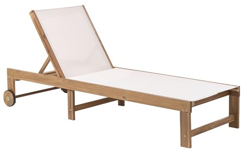 Beliani Gartenliege zertifiziertes Akazienholz Hellbraun mit Bespannung beige verstellbar rollbar Pedesina