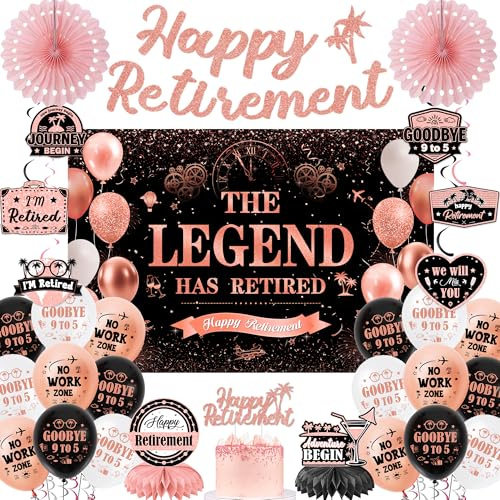 Happy Retirement Decorations Banners Kit - The Legend Has Retired Backdrop Set with Balloons Cake Topper, Rose Gold and Black Retirement Hanging Paper Fan Honeycomb Party Supplies for Office Farewell
