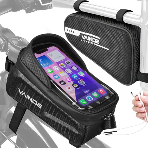 VAINDE 2er Set Fahrradtasche Rahmen, Rahmentasche Fahrrad, Lenkertasche Wasserabweisend Handytasche für Smartphone bis zu 6.8 Zoll mit TPU Sensitivem Touchscreen für Montainbikes, Rennrad, Ebikes.