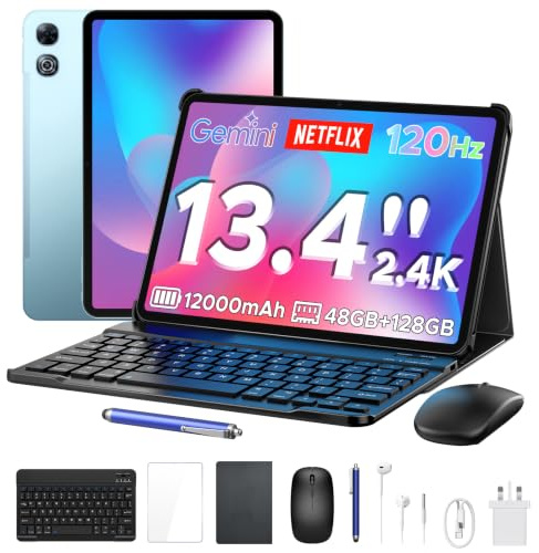 P13 Tablet Android 16, Tablet 13 Pulgadas, Gemini AI, 48GB RAM+128GB ROM/2 TF, 12000mAh/18W, IPS 2.4K, 120Hz, T7280 Octa-Core, 13MP, Face ID, 5G WiFi, GPS, OTG, Tablet con Teclado y Lapiz, Azul