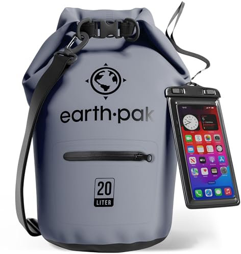 Earth Pak Torrent Serie Dry Bag wassersdichte Tasche mit verstellbarem Schultergurt und wasserfester Handyhülle Ideal beim Kajak Fahren Angeln Rafting Grau 20L