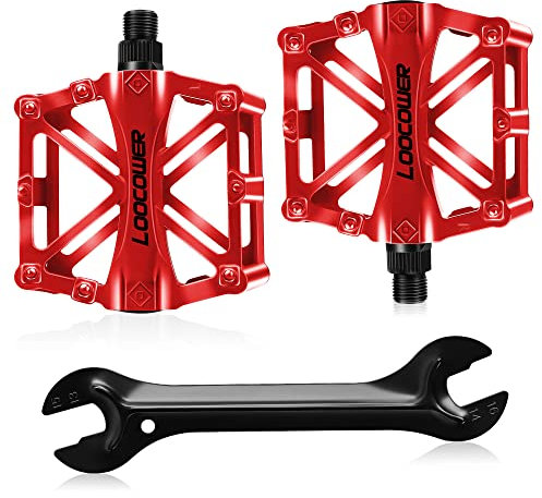 Loocower Fahrrad Radfahren Bike Pedale, Neue Aluminiumlegierung Anti Skid Mountain Pedale für 9/16 Zoll mit kostenloser Installation Tool (Rot)