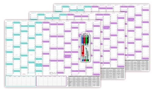 3 Stück Schuljahreskalender 2025/2026 DIN B1 (700 x 1000mm) nass abwischbar matt inkl. Stifteset - gerollt - August 2025 bis August 2026, 13 Monate - Wandkalender Schulkalender
