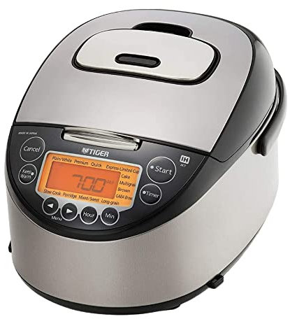 Tiger Corporation JKT-D18U - Arrocera eléctrica con calefacción por inducción de 10 tazas con 12 ajustes de menú, ajuste para mantener caliente las 24 horas, espátula y taza medidora (negro y acero