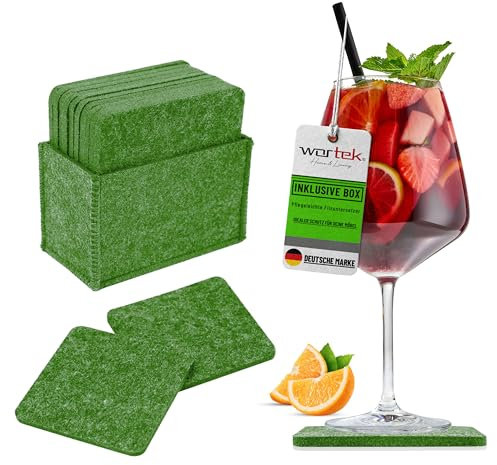 wortek Filzuntersetzer eckig für Gläser – 10er Set mit Aufbewahrungsbox, Glasuntersetzer für Getränke, Tassen, Bar, Glas - Ø 10cm Tischuntersetzer Untersetzer Gläser Grün