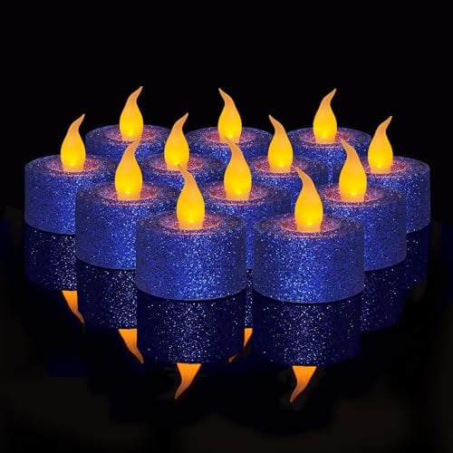 FURORA LIGHTING Blue Tea Lights Candles Battery Operated, LED Tealight, Navy Blue Candles Hanukkah Decorations, Glitter Candles Royal Blue Christmas Ornaments Pack of 12