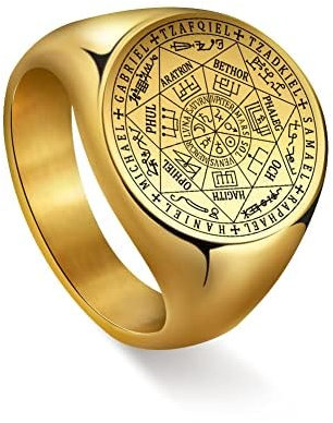 Amaxer Sieben Erzengel Ring für Herren Edelstahl Das Siegel von Solomon Tetragrammaton Erzengel Schutzring Statement Band für Herren Damen (9, Gold)