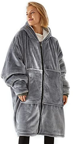Riesige Kuscheldecke [Größe XL – Reißverschluss] Decke mit Ärmeln und Kapuze aus Fleece – ultraweich und warm – ideal für Winternächte, grau, One size