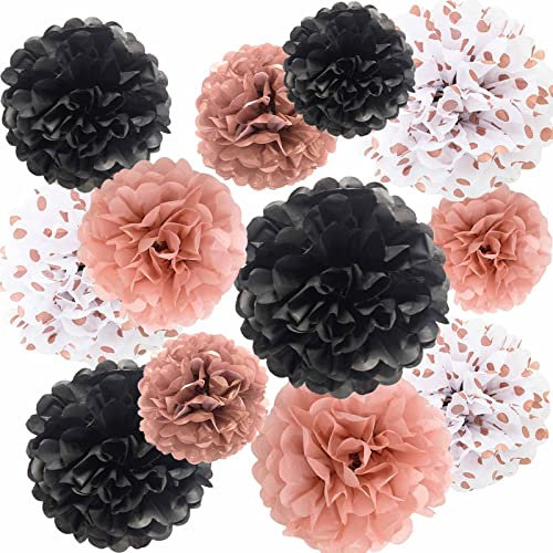 ANSOMO Pompons en papier de soie or rose et noir - Décorations de fête - Fleurs roses - Décoration murale à suspendre - Fournitures d'anniversaire, fête prénatale, mariage, remise de diplôme