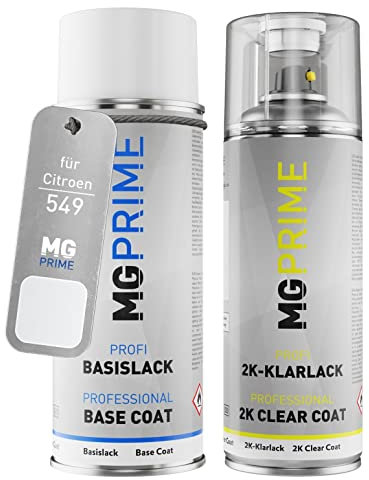 MG PRIME Autolack 2K Spraydosen Set für Citroen 549 Bianco/Eis-Weiss Basislack 2 Komponenten Klarlack Sprühdose
