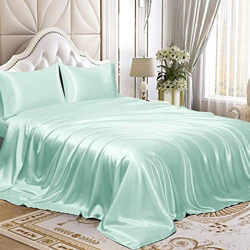 Homiest Set di 4 lenzuola in raso di lusso con tasca profonda, 1 lenzuolo con angoli + 1 lenzuolo piatto + 2 federe (king size, verde menta)