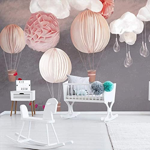 Modern 3D Cartoon Pink Hot Air Balloon Wallpaper Stick And Peel Wall Stickers Removable Wall Paper Mural For Living Room Office Hotel Restaurant Bedroom Tv Background Wall Posters Wall Art 98X 68