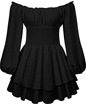 Women's Puff Sleeve Off Shoulder Mini Dress Square Neck Ruffled A Line Flowy Swing Beach Dress Summer Smocked Sundress (Black#1, M)