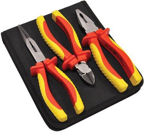 Horison Industries (15pcs) 3-Piece VDE Plier Set with Pouch - Designed for Use by Professional Electricians - Contains 180mm Combination Pliers, 200mm Long Nose Pliers and 160mm