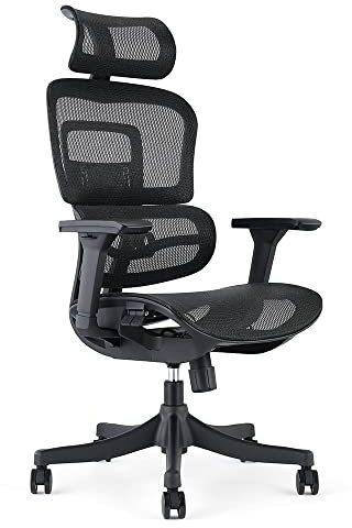 Waytex Draconis Ergonomischer Bürostuhl, Bürostuhl aus atmungsaktivem Netzstoff, verstellbare 3D-Armlehnen, verstellbare Kopfstütze, Ultra-Bequeme Lendenwirbelstütze, Schwarz
