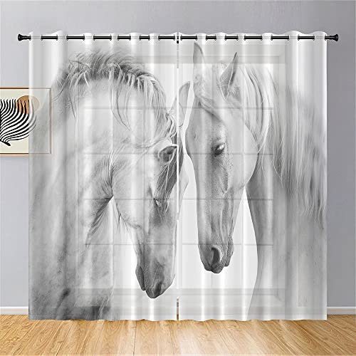Hiseng Voile Vorhänge mit Ösen Durchsichtig Halbtransparent Ösenvorhang für Fenster Wohnzimmer Schlafzimmer Moderne und Elegante Transparent Gardine 2er Set (132x213cm,Mann und Frau Pferd)