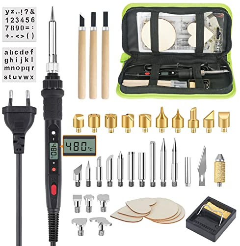 Lötkolben Set LCD, Brandmalerei 80W Pyrographie-Tipps Schablonen Farbstifte für Holz Leder Gravieren 180-480 °C Holzbrandmalerei für Profi Hobbybastler (41PCS)