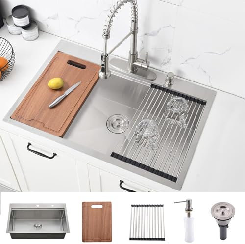 Bokaiya Spülbecken Edelstahl Gebürstet,Spüle küche Edelstahl,Einbauspüle Edelstahl Workstation,Arbeitsplatte Küchenspüle 1 Becken mit Schneidebrett Seifenspender Ablaufvorhang Sieb und Stopper 76x46cm