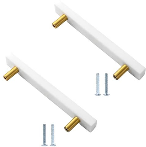 PILYON Cabinet Knobs 6 Pack Marble Brass Handle Square Black Crystal Cabinet Wardrobe Door Drawer Cabinet Door Knob White 160mm