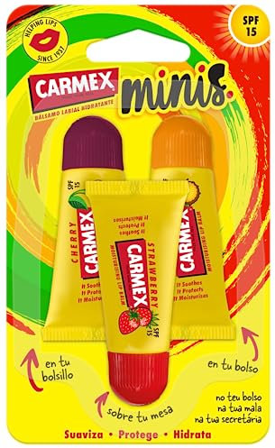 Carmex Bálsamo Labial SPF15, Triplo Minis (Cereza, Piña y Fresa) 5gx3. Hidratan, protegen, reparan, calman y suavizan los labios.